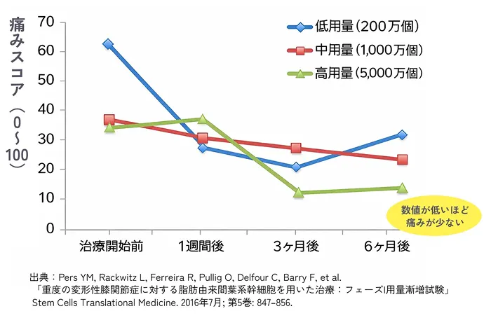 培養幹細胞治療後の痛みの変化を示したグラフ