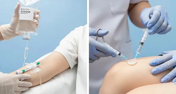 自己脂肪由来幹細胞の再生医療で点滴をしている様子と関節注射をしている様子