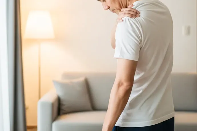 肩の痛みを気にする男性