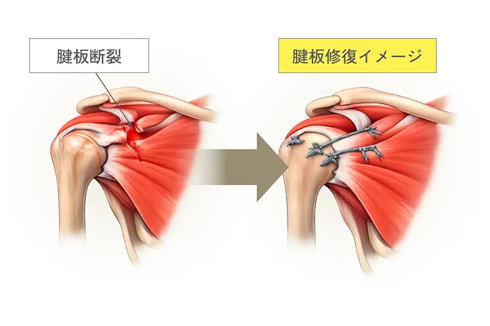 腱板断裂と断裂修復イメージ図
