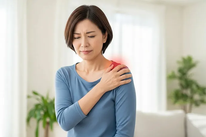 肩の痛みを気にする女性