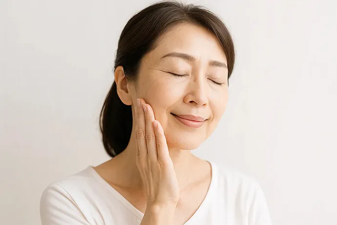 頬に手を当て微笑む女性