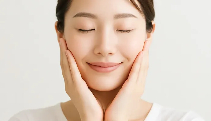 両頬に両手を当て微笑む女性