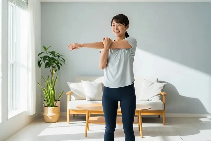 笑顔で肩のストレッチをする女性